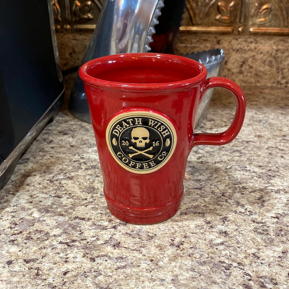 DEATH WISH COFFEE Deneen pottery 2016 Red skull crossbones